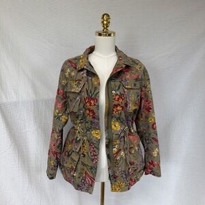 Heavy Duty Floral Utility Woman Jacket Size S Full Zip Lined Olive Green Thick